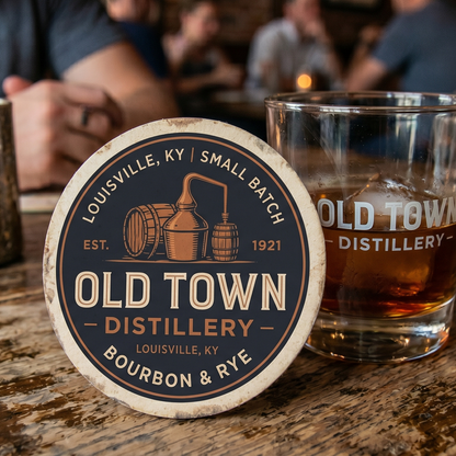 Old Town Distillery coaster and glass on a wooden table with people in the background