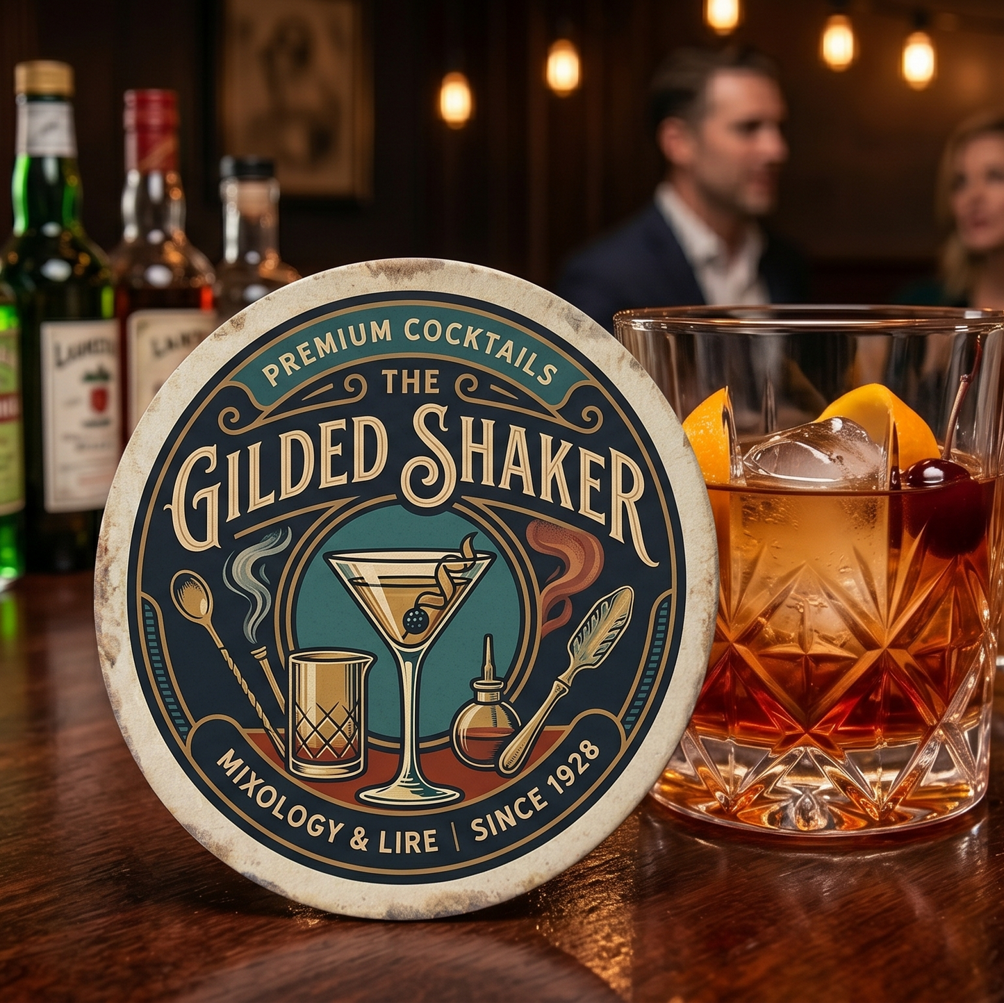 Gilded Shaker cocktail coaster with a glass of cocktail on a bar counter.