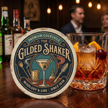 Gilded Shaker cocktail coaster with a glass of cocktail on a bar counter.